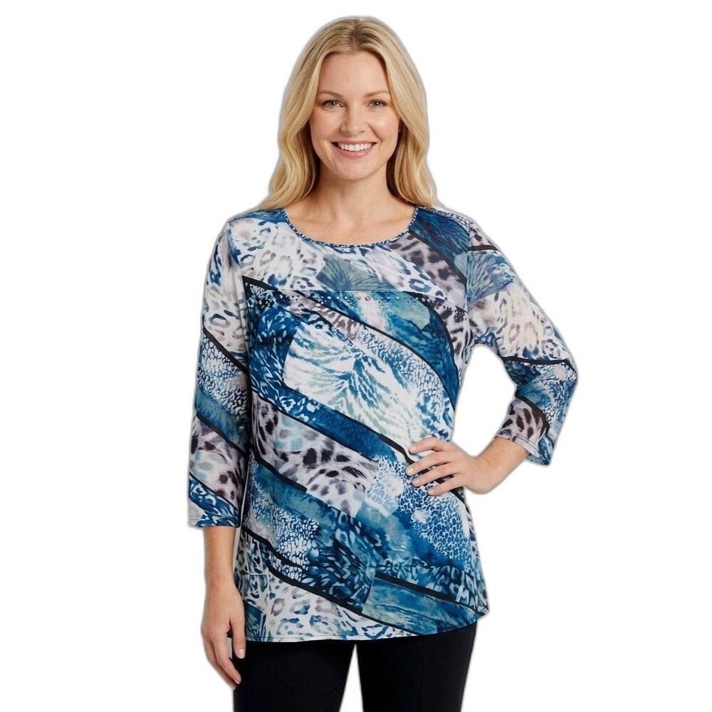 ALFRED DUNNER XL Blue Studded  Pullover 3/4 Slv Knit Stretch Semi-Sheer Neck